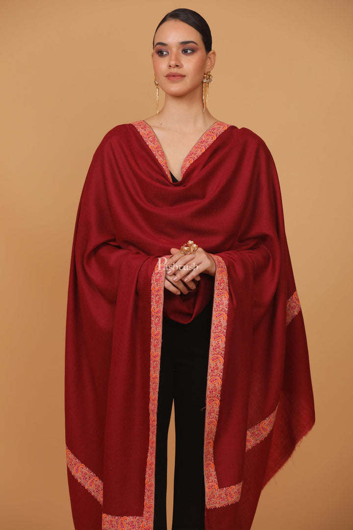 Pashtush India Womens Stoles and Scarves Scarf Pashtush womens Fine Wool shawl, papier mache border design, Maroon