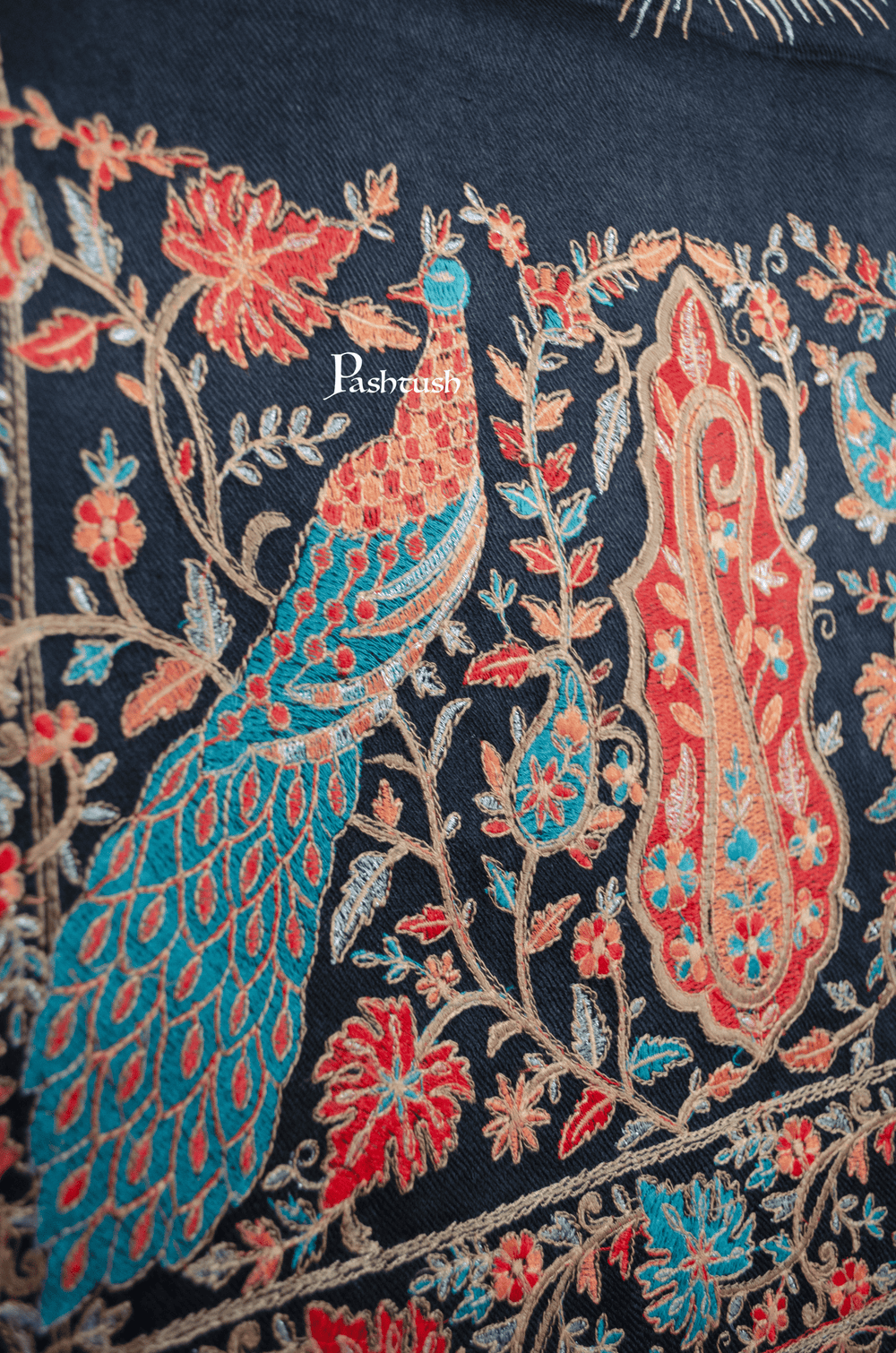 Pashtush India Womens Shawls Pashtush Womens Fine Wool Shawl, Papier Mache Embroidery, Kashmiri Palla Design, Black