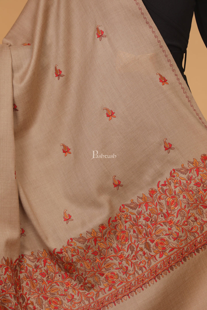 Pashtush India Womens Stoles and Scarves Scarf Pashtush womens Fine Wool shawl, papier mache palla design, Beige