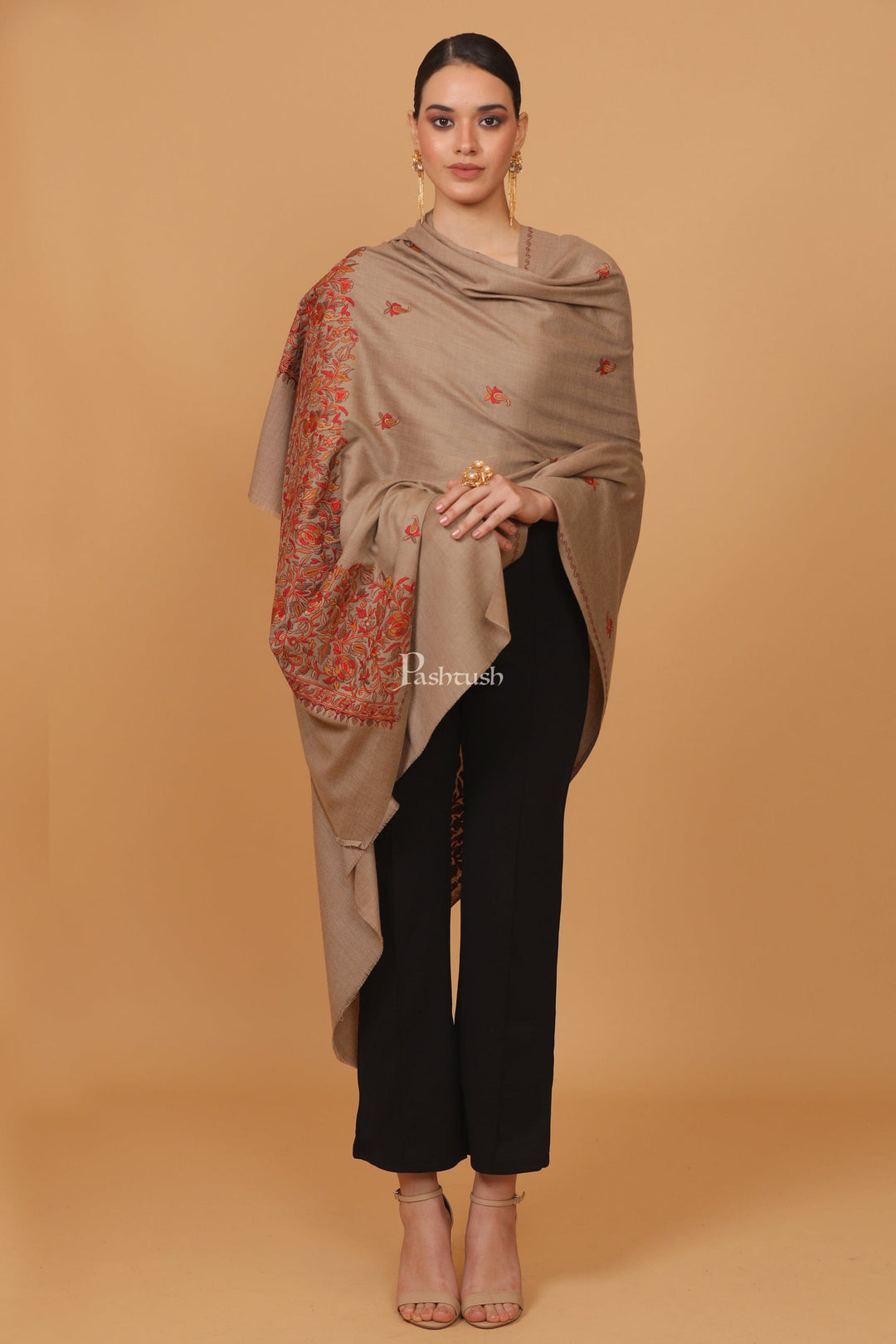Pashtush India Womens Stoles and Scarves Scarf Pashtush womens Fine Wool shawl, papier mache palla design, Beige
