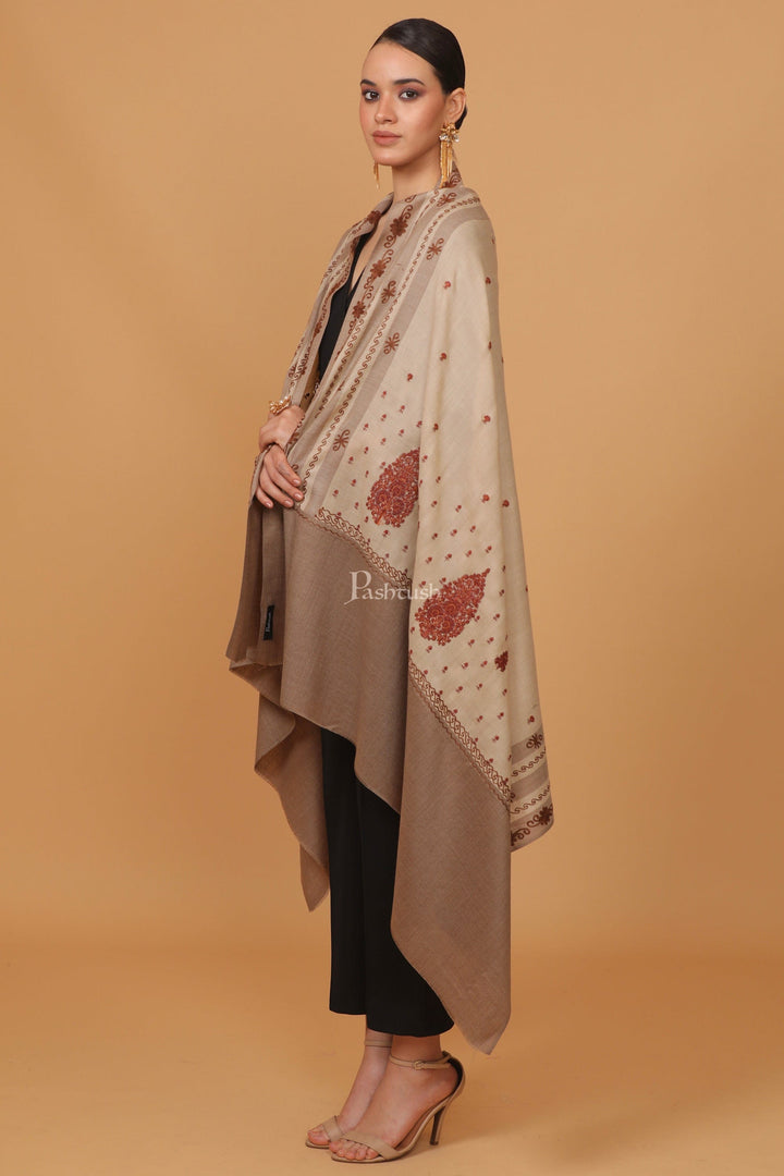 Pashtush India Womens Stoles and Scarves Scarf Pashtush womens Fine Wool shawl, pasiley design, Beige