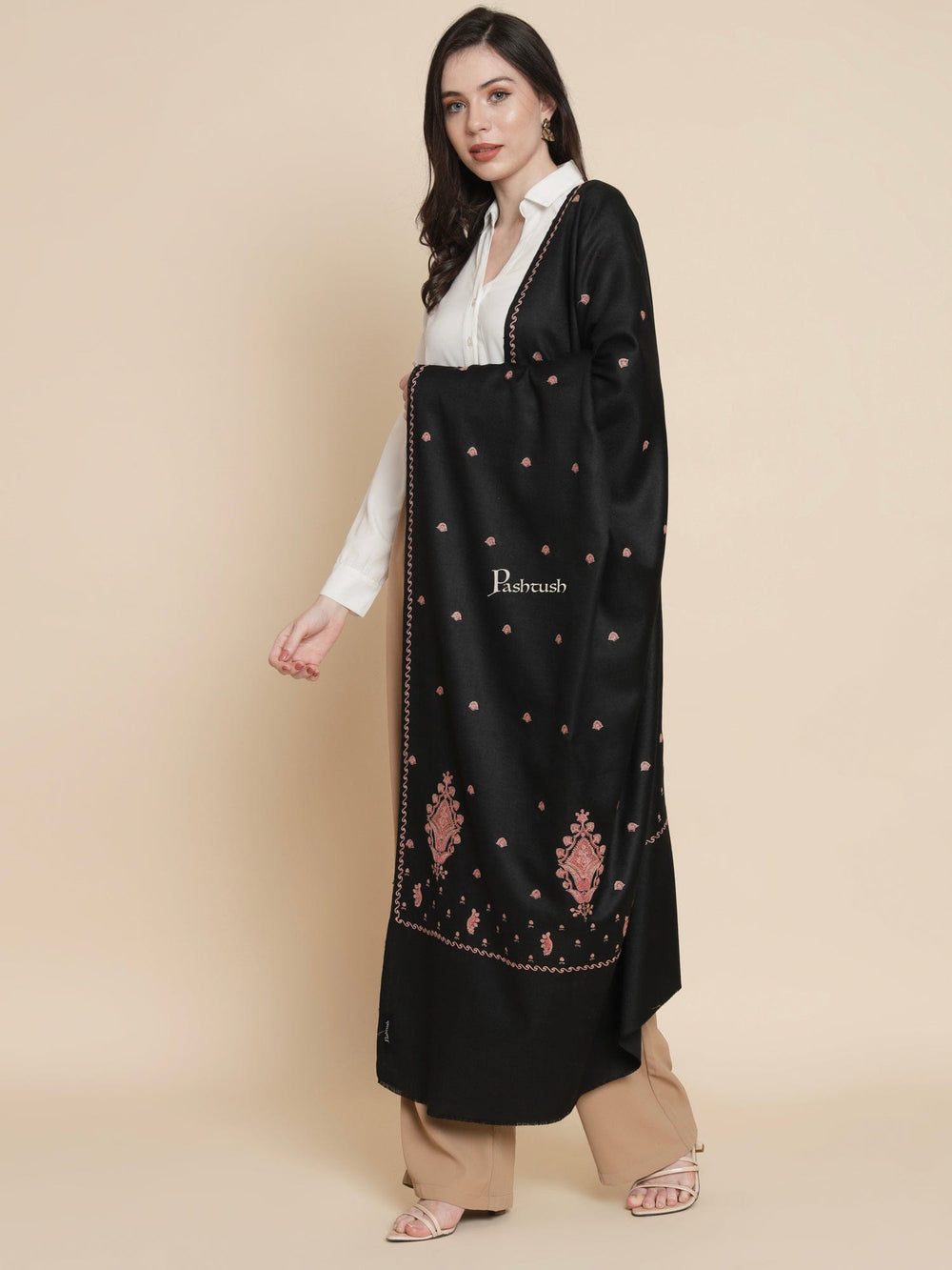 Pashtush India Womens Stoles and Scarves Scarf Pashtush womens Fine Wool shawl, pasiley design, Black