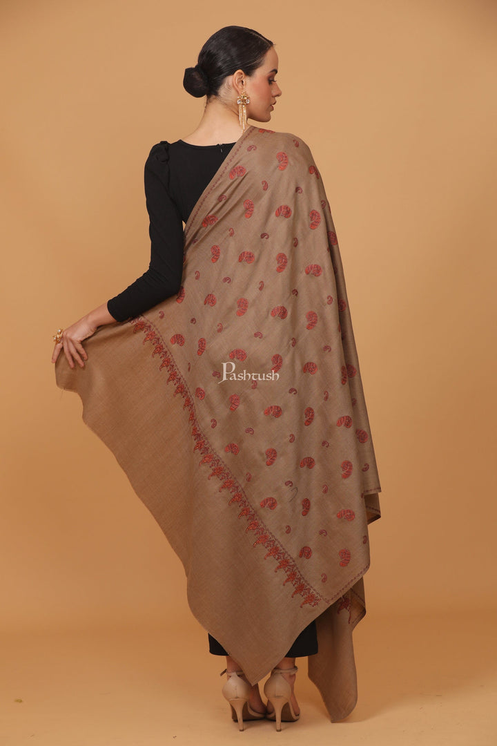 Pashtush India Womens Stoles and Scarves Scarf Pashtush womens Fine Wool shawl, pasiley design, Taupe