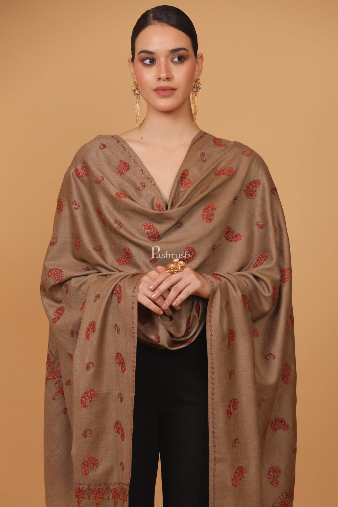 Pashtush India Womens Stoles and Scarves Scarf Pashtush womens Fine Wool shawl, pasiley design, Taupe