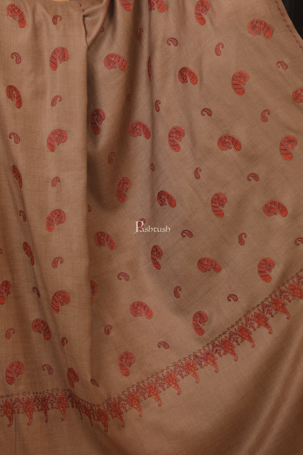 Pashtush India Womens Stoles and Scarves Scarf Pashtush womens Fine Wool shawl, pasiley design, Taupe