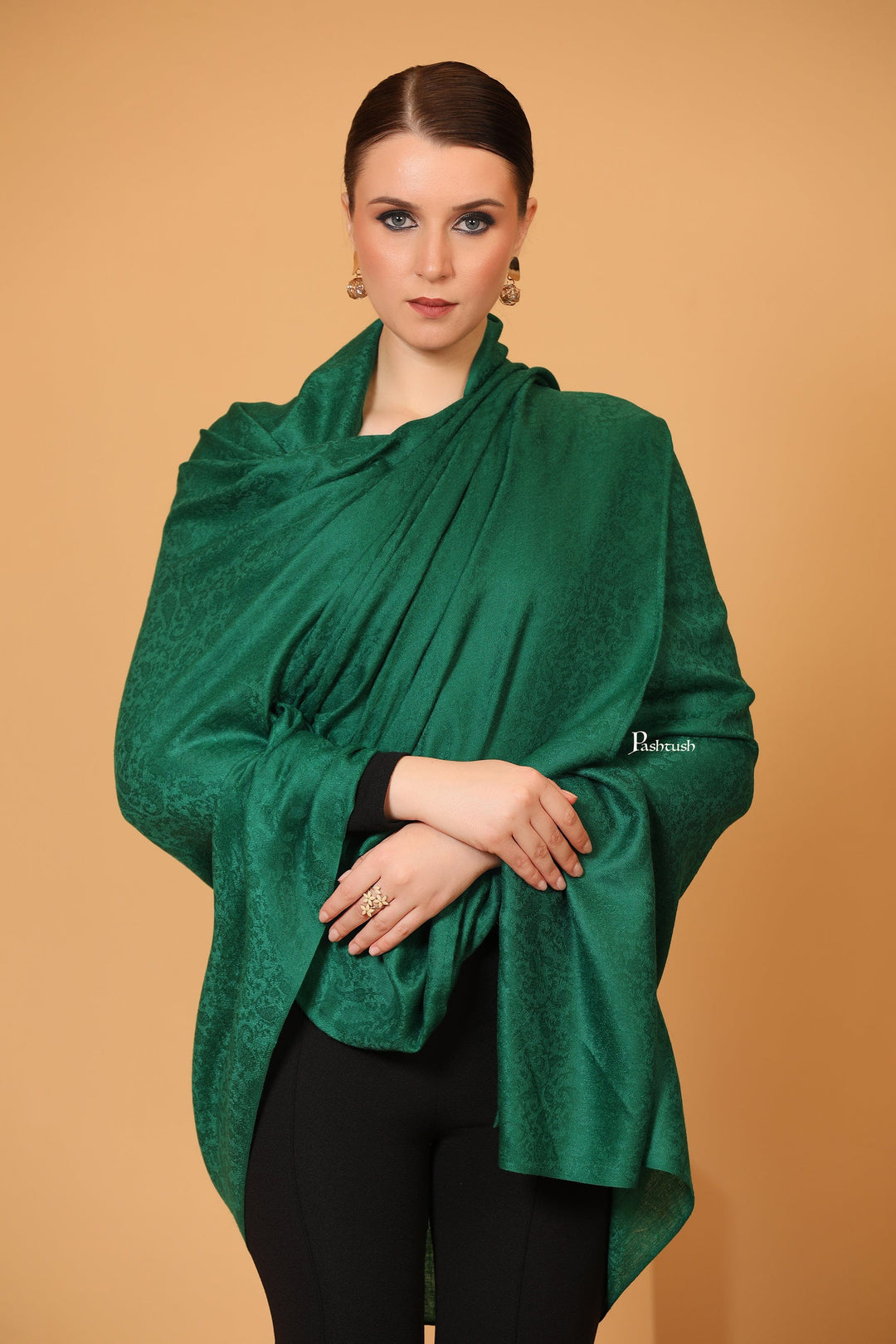 Pashtush India Womens Shawls Pashtush Womens Fine Wool Shawl, Self Paisley Weave, Extra Soft, Rich Green