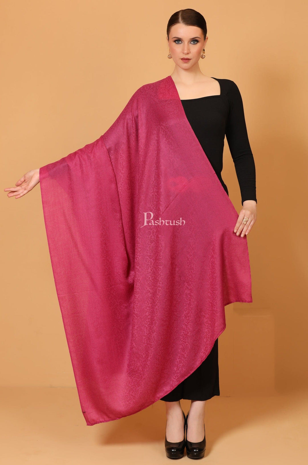 Pashtush India Womens Shawls Pashtush Womens Fine Wool Shawl, Self Paisley Weave, Extra Soft, Warm and Light, Hot Pink