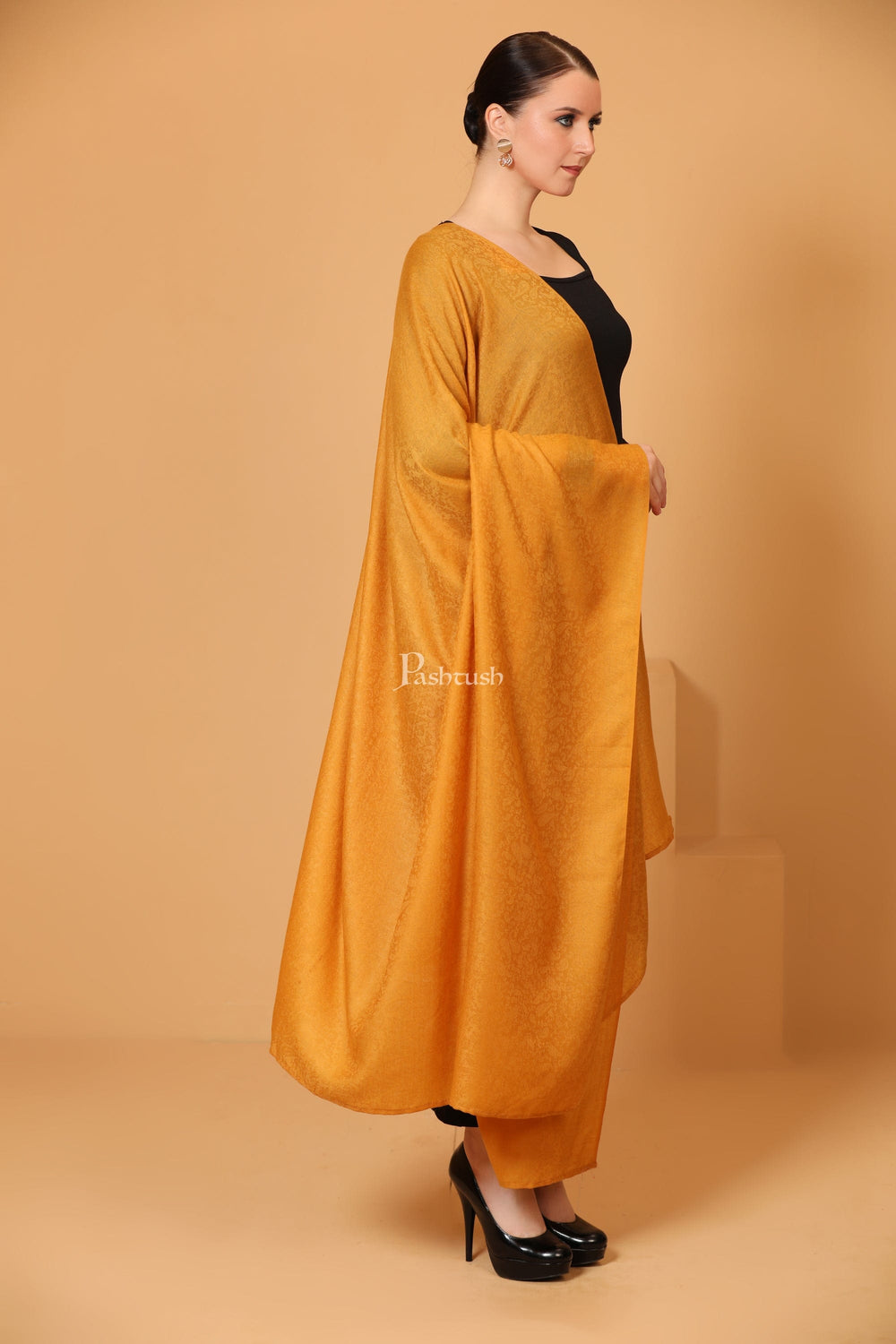 Pashtush India Womens Shawls Pashtush Womens Fine Wool Shawl, Self Paisley Weave, Extra Soft, Warm and Light, Mustard
