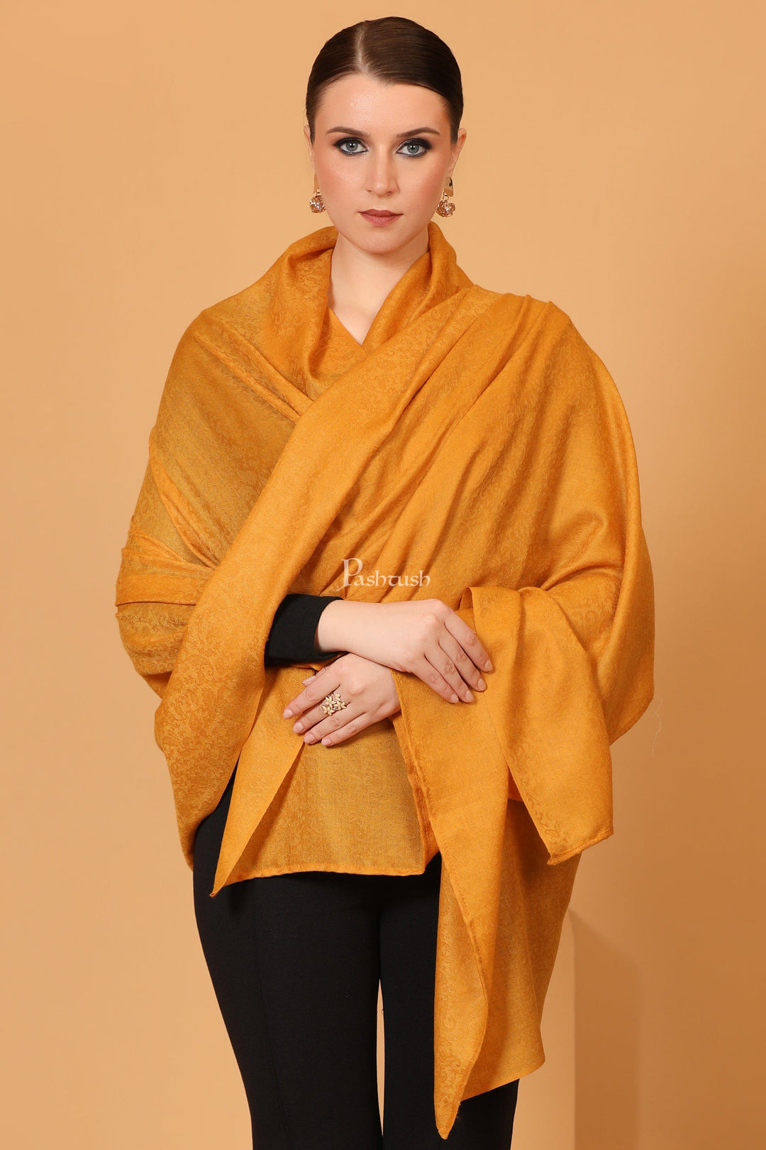 Pashtush India Womens Shawls Pashtush Womens Fine Wool Shawl, Self Paisley Weave, Extra Soft, Warm and Light, Mustard