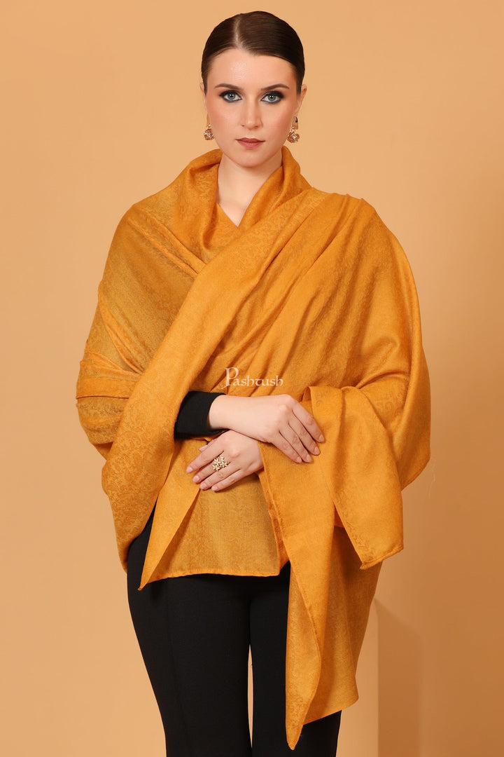 Pashtush India Womens Shawls Pashtush Womens Fine Wool Shawl, Self Paisley Weave, Extra Soft, Warm and Light, Mustard
