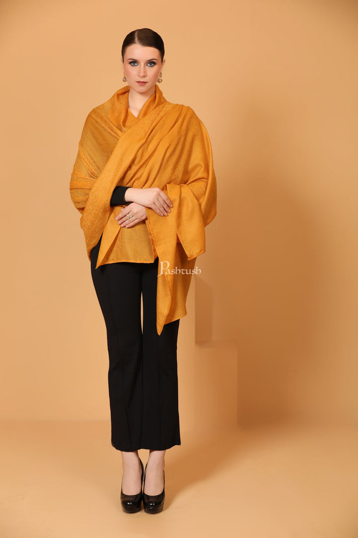 Pashtush India Womens Shawls Pashtush Womens Fine Wool Shawl, Self Paisley Weave, Extra Soft, Warm and Light, Mustard