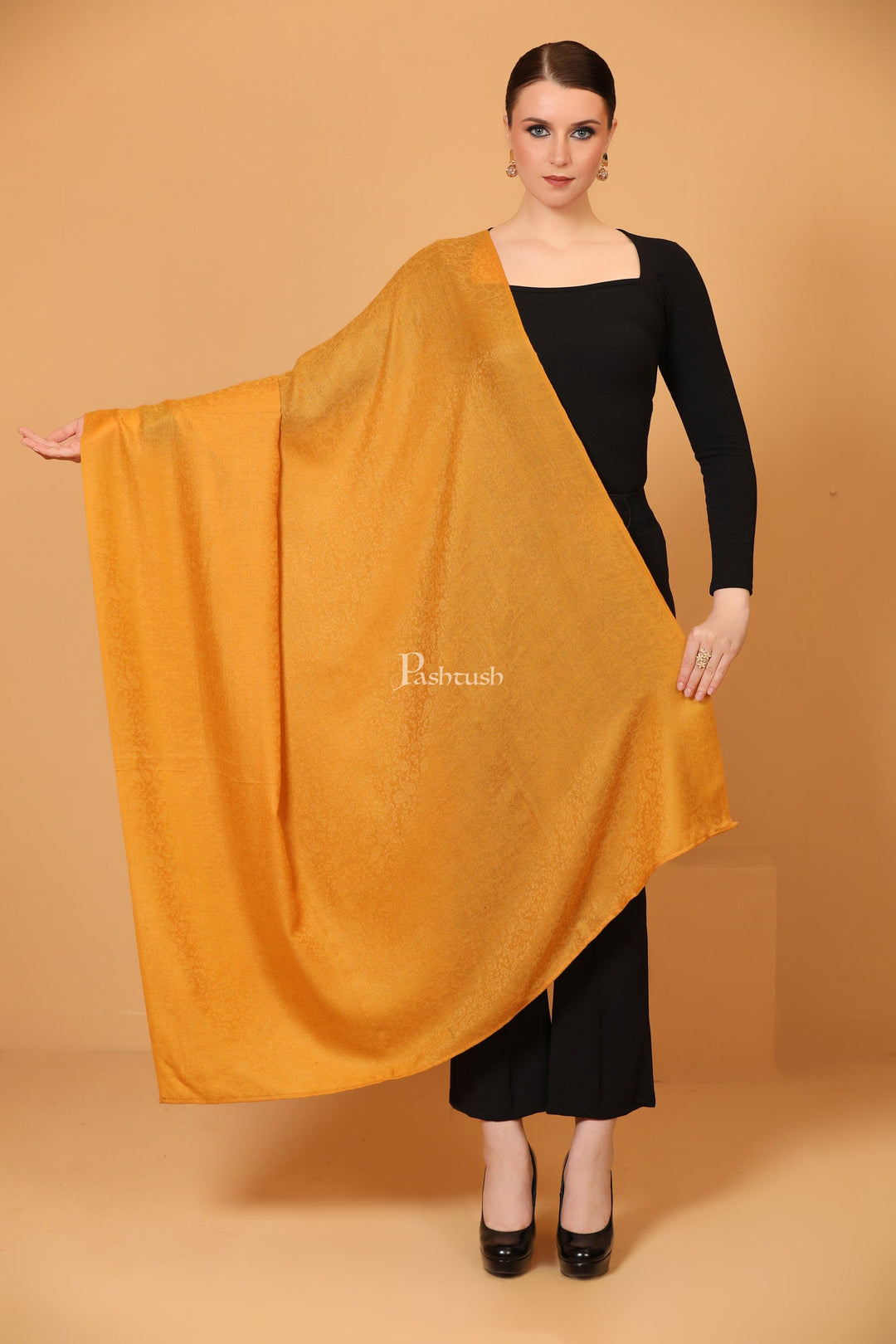 Pashtush India Womens Shawls Pashtush Womens Fine Wool Shawl, Self Paisley Weave, Extra Soft, Warm and Light, Mustard