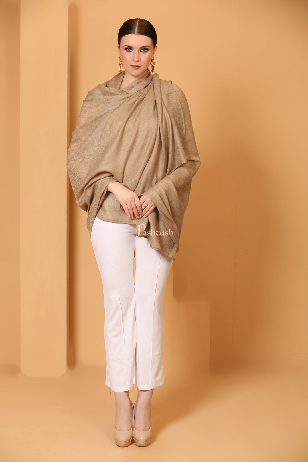 Pashtush India Womens Shawls Pashtush Womens Fine Wool Shawl, Self Paisley Weave, Extra Soft, Warm and Light, Natural Beige