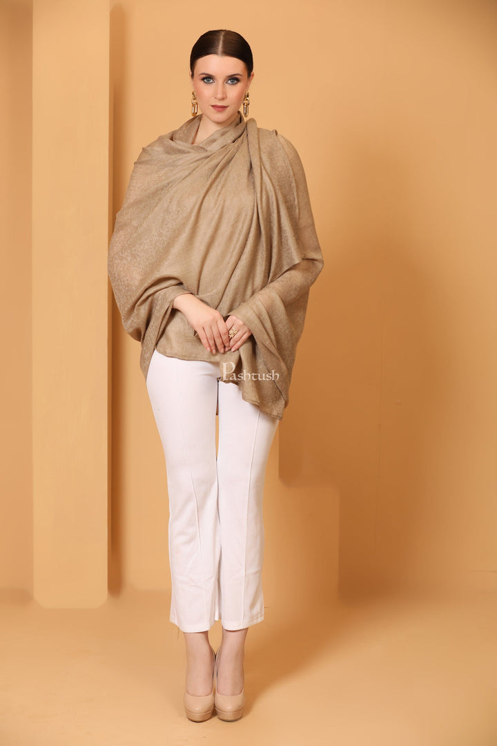 Pashtush India Womens Shawls Pashtush Womens Fine Wool Shawl, Self Paisley Weave, Extra Soft, Warm and Light, Natural Beige