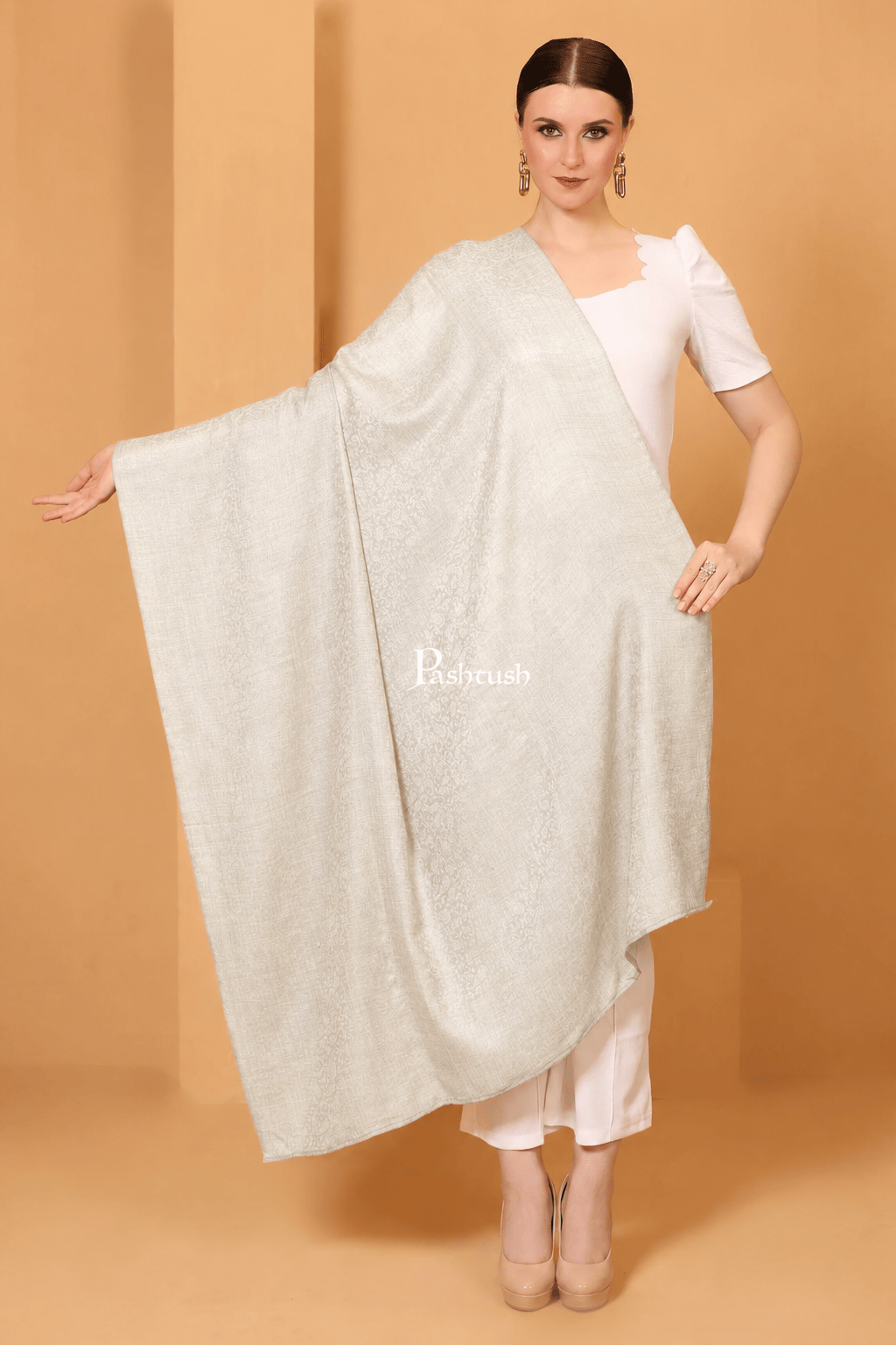 Pashtush India Womens Shawls Pashtush Womens Fine Wool Shawl, Self Paisley Weave, Extra Soft, Warm and Light, Off White