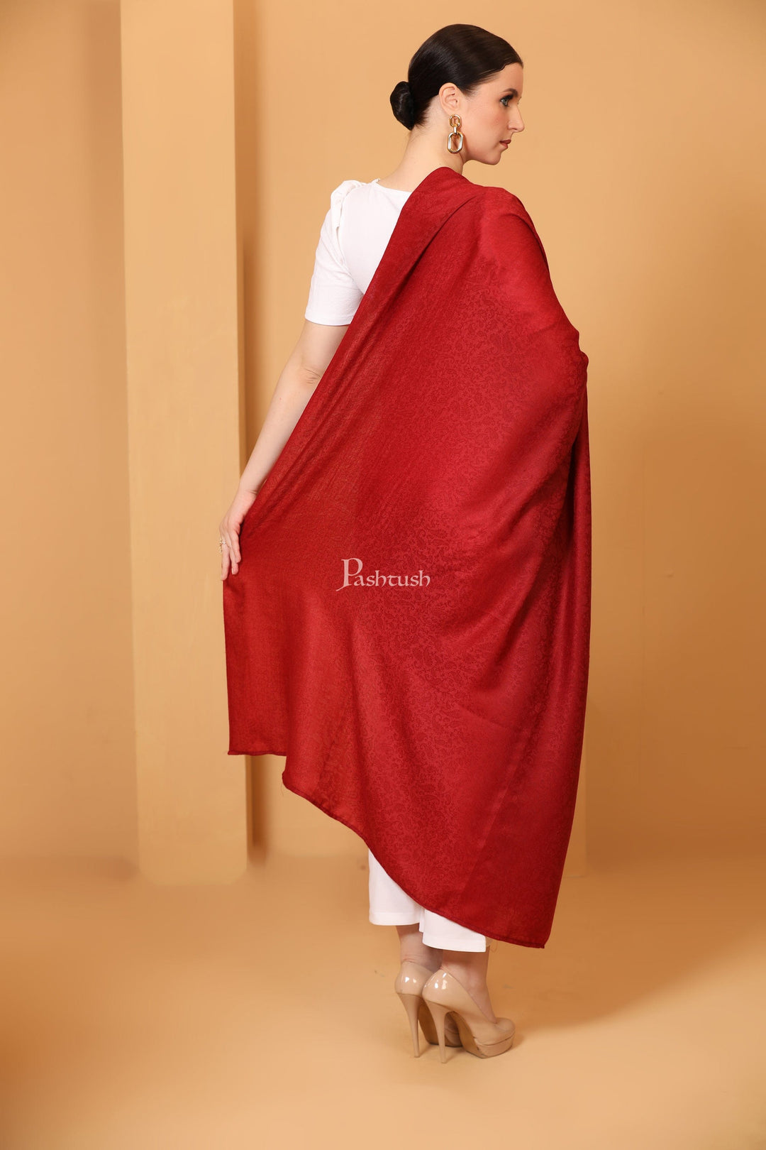 Pashtush India Womens Shawls Pashtush Womens Fine Wool Shawl, Self Paisley Weave, Extra Soft, Warm and Light Weight, Maroon