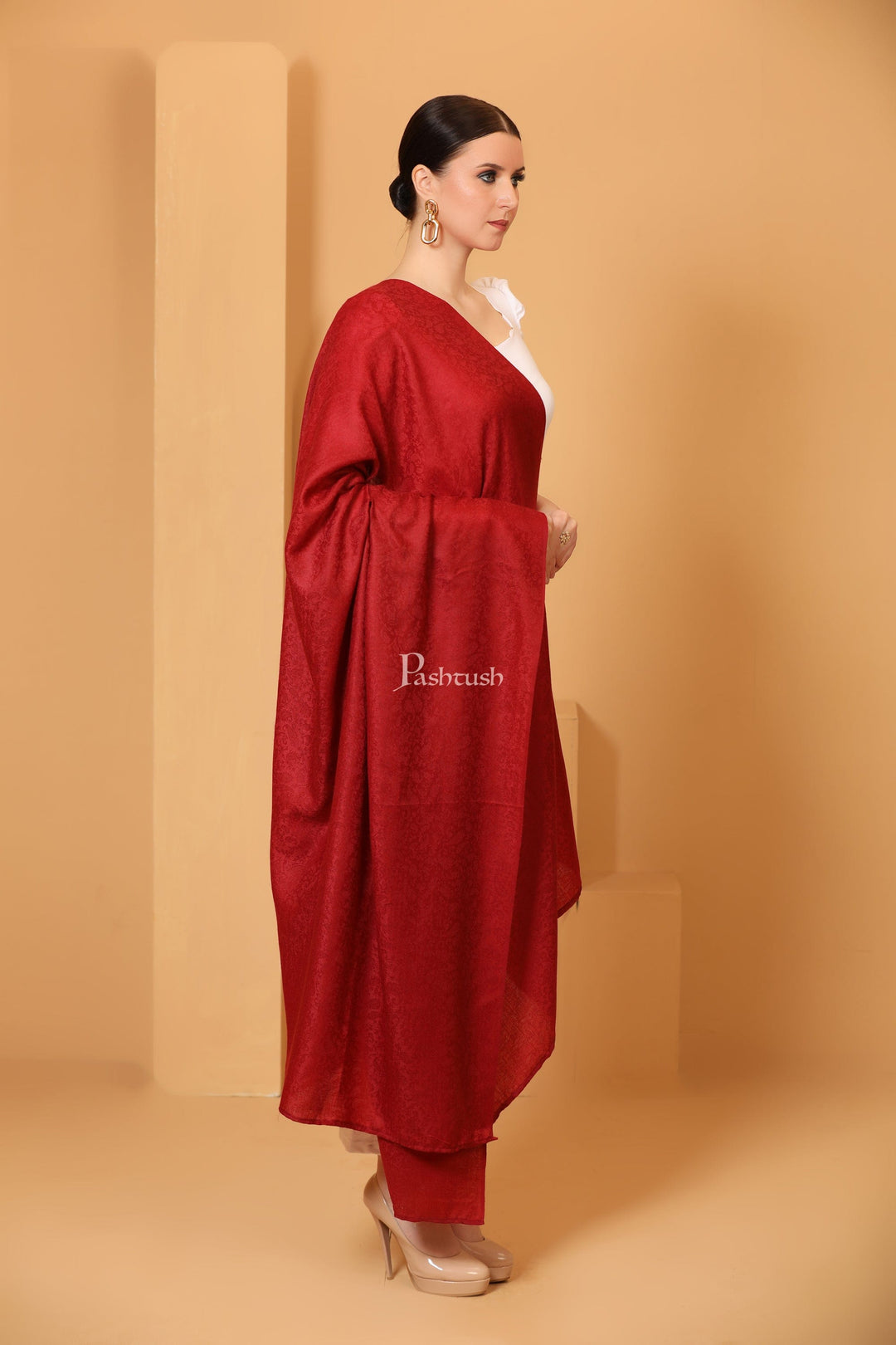 Pashtush India Womens Shawls Pashtush Womens Fine Wool Shawl, Self Paisley Weave, Extra Soft, Warm and Light Weight, Maroon