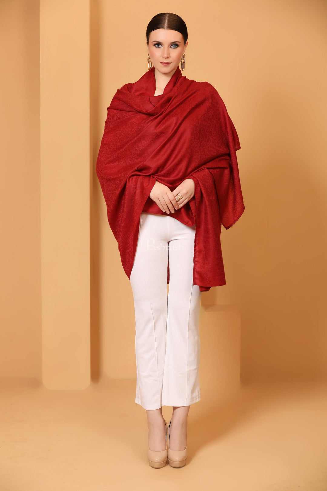 Pashtush India Womens Shawls Pashtush Womens Fine Wool Shawl, Self Paisley Weave, Extra Soft, Warm and Light Weight, Maroon