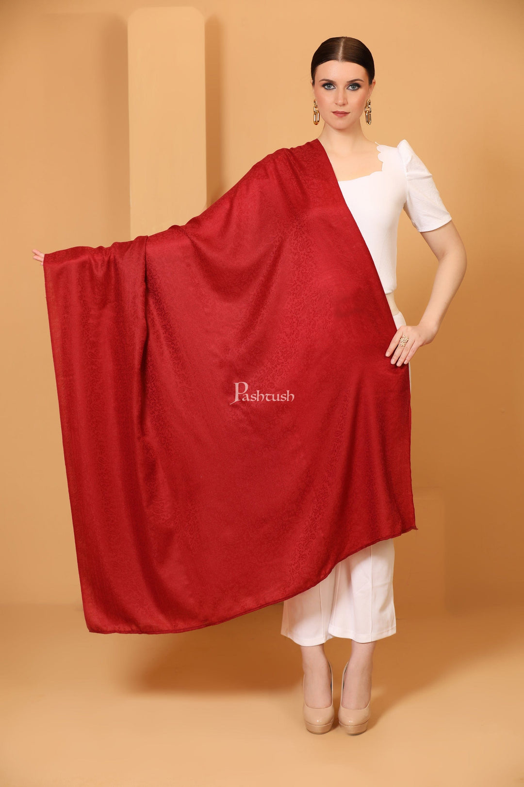 Pashtush India Womens Shawls Pashtush Womens Fine Wool Shawl, Self Paisley Weave, Extra Soft, Warm and Light Weight, Maroon