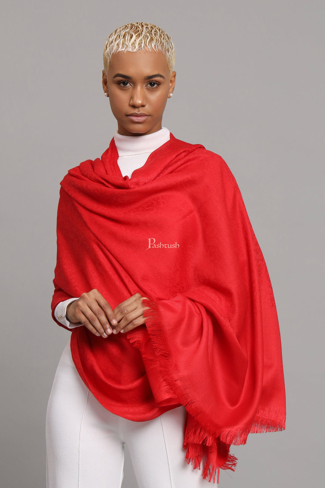 Pashtush India Womens Shawls Pashtush Womens Fine Wool Shawl, Self Paisley Woven Design Design, Scarlet Red