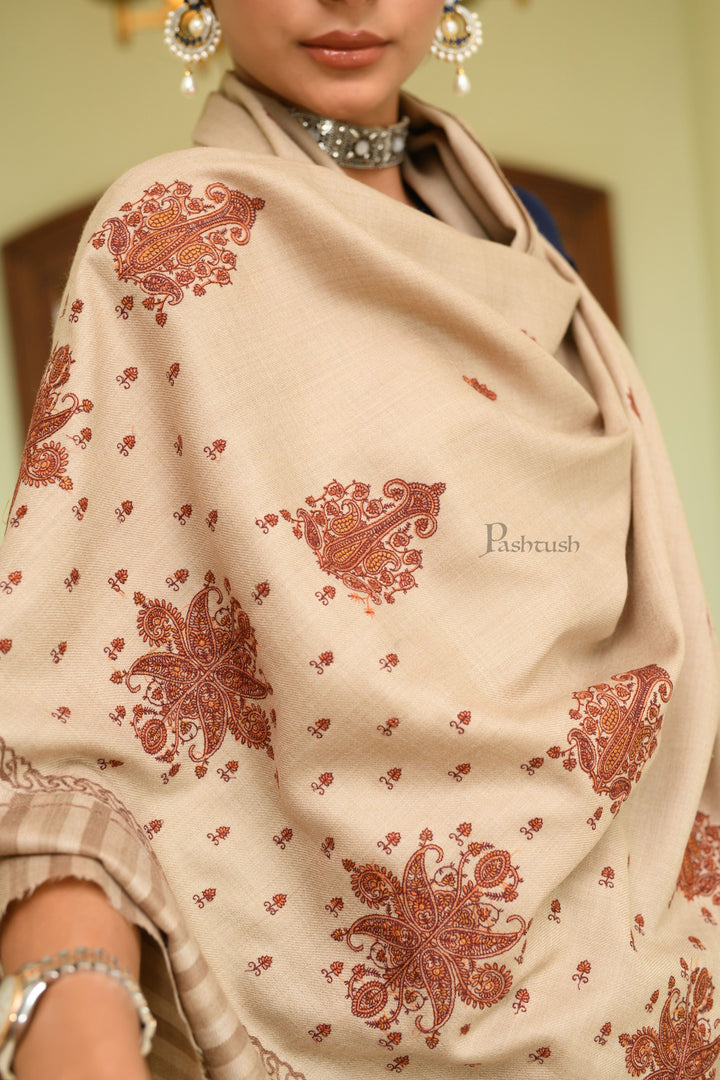 Pashtush India Womens Shawls Pashtush Womens Fine Wool Shawl, Stitched Stripe Palla, Kashmiri Embroidery, Beige