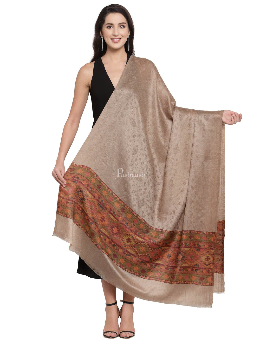 Pashtush India Womens Shawls Pashtush Womens Fine Wool Shawl, Taupe
