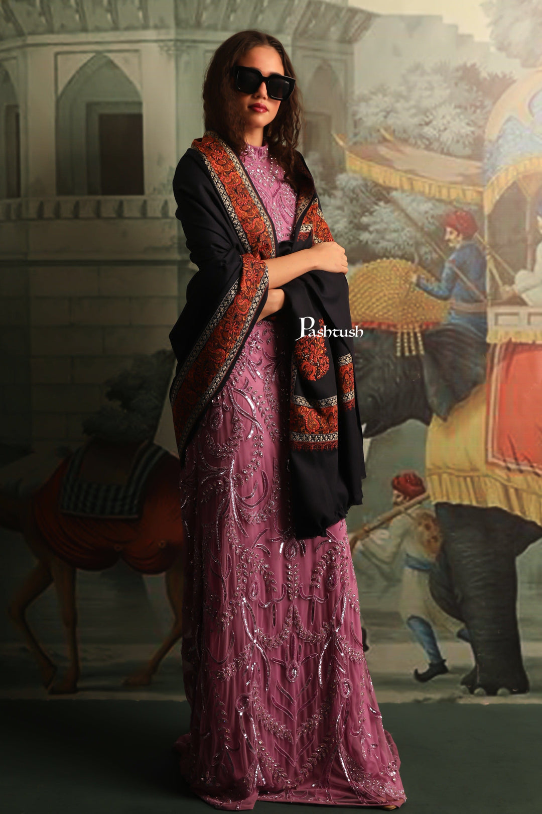 Pashtush India Womens Shawls Pashtush Womens Fine Wool Shawl, Tilla Border Shawl, Challa Daur With Metallic Detailing Design, Blue