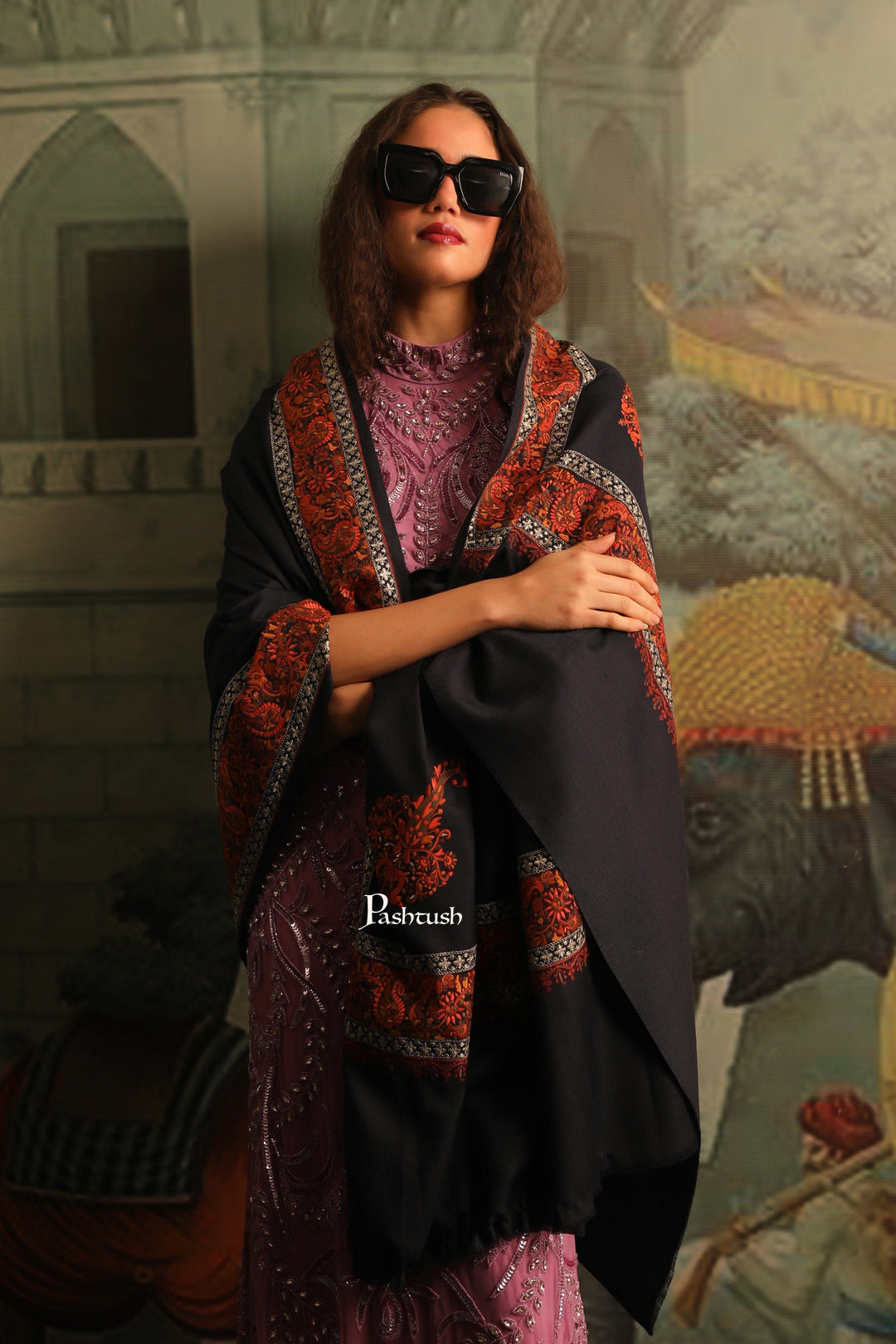 Pashtush India Womens Shawls Pashtush Womens Fine Wool Shawl, Tilla Border Shawl, Challa Daur With Metallic Detailing Design, Blue