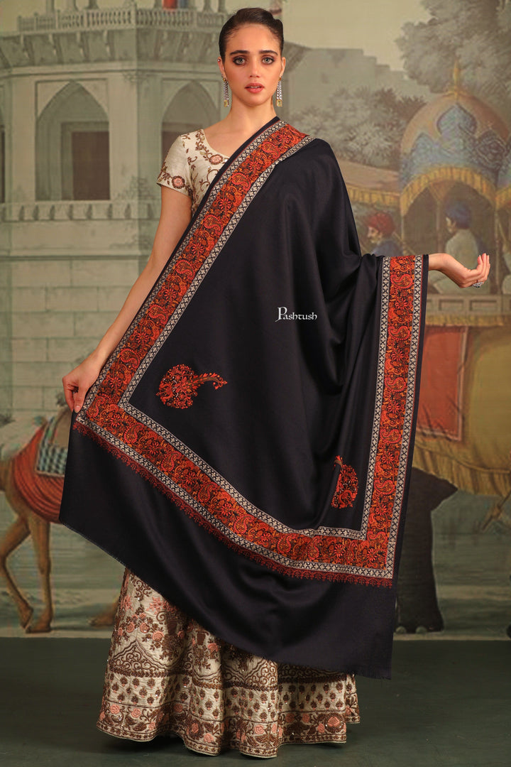 Pashtush India Womens Shawls Pashtush Womens Fine Wool Shawl, Tilla Border Shawl, Challa Daur With Metallic Detailing Design, Blue