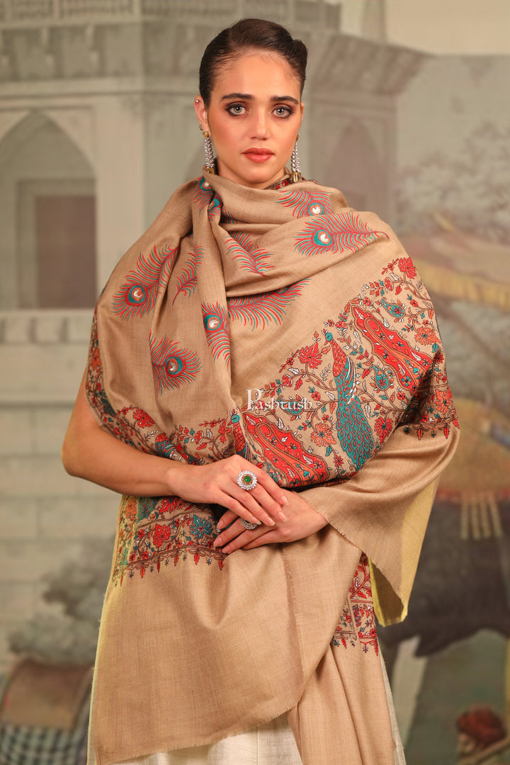 Pashtush India Womens Shawls Pashtush Womens Fine Wool Shawl, Tilla Work Peacock Design, Beige