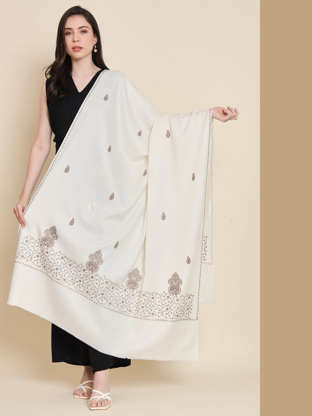 Pashtush India Womens Shawls Pashtush womens Fine Wool shawl, tone and tone embroidery paisley palla design, Ivory