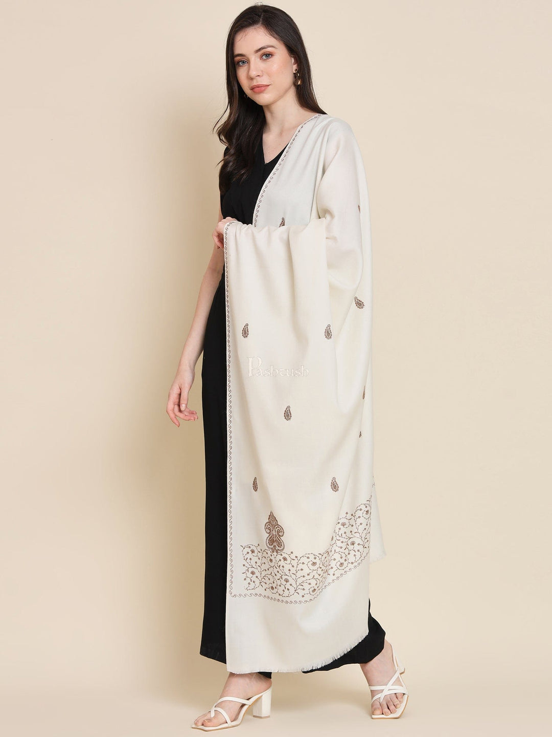 Pashtush India Womens Shawls Pashtush womens Fine Wool shawl, tone and tone embroidery paisley palla design, Ivory
