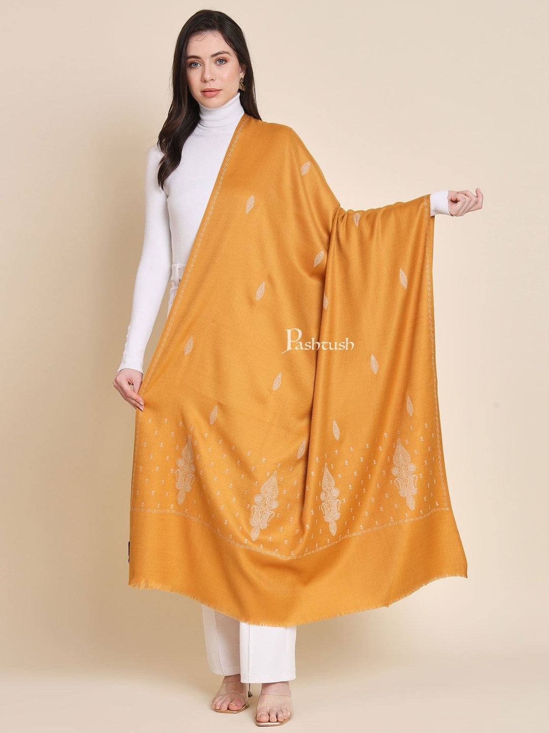 Pashtush India Womens Shawls Pashtush womens Fine Wool shawl, tone and tone embroidery paisley palla design, Mustard