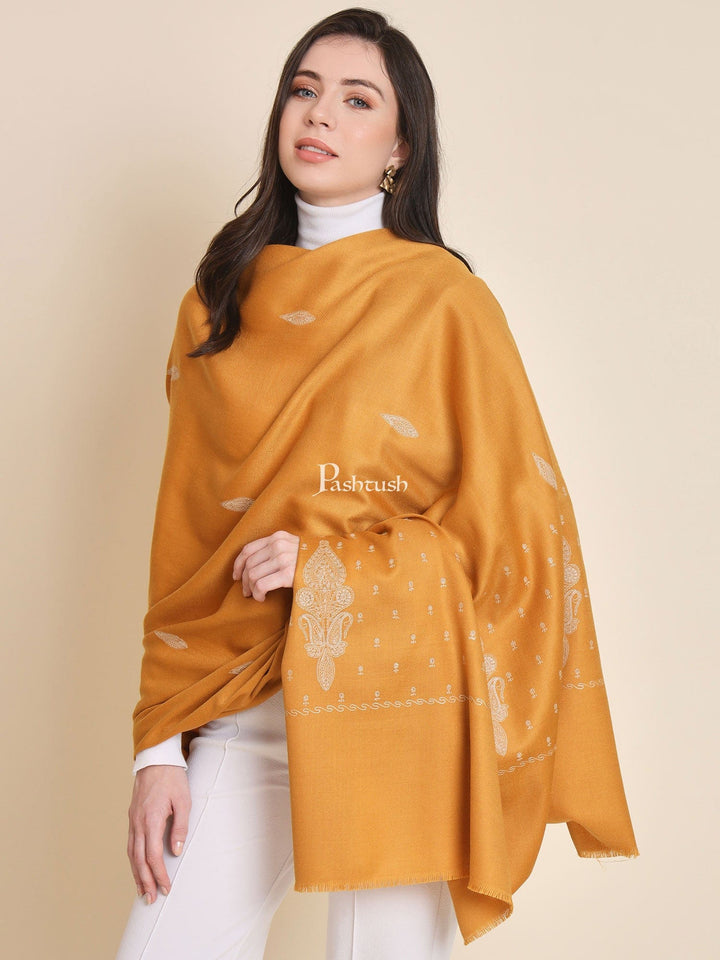 Pashtush India Womens Shawls Pashtush womens Fine Wool shawl, tone and tone embroidery paisley palla design, Mustard