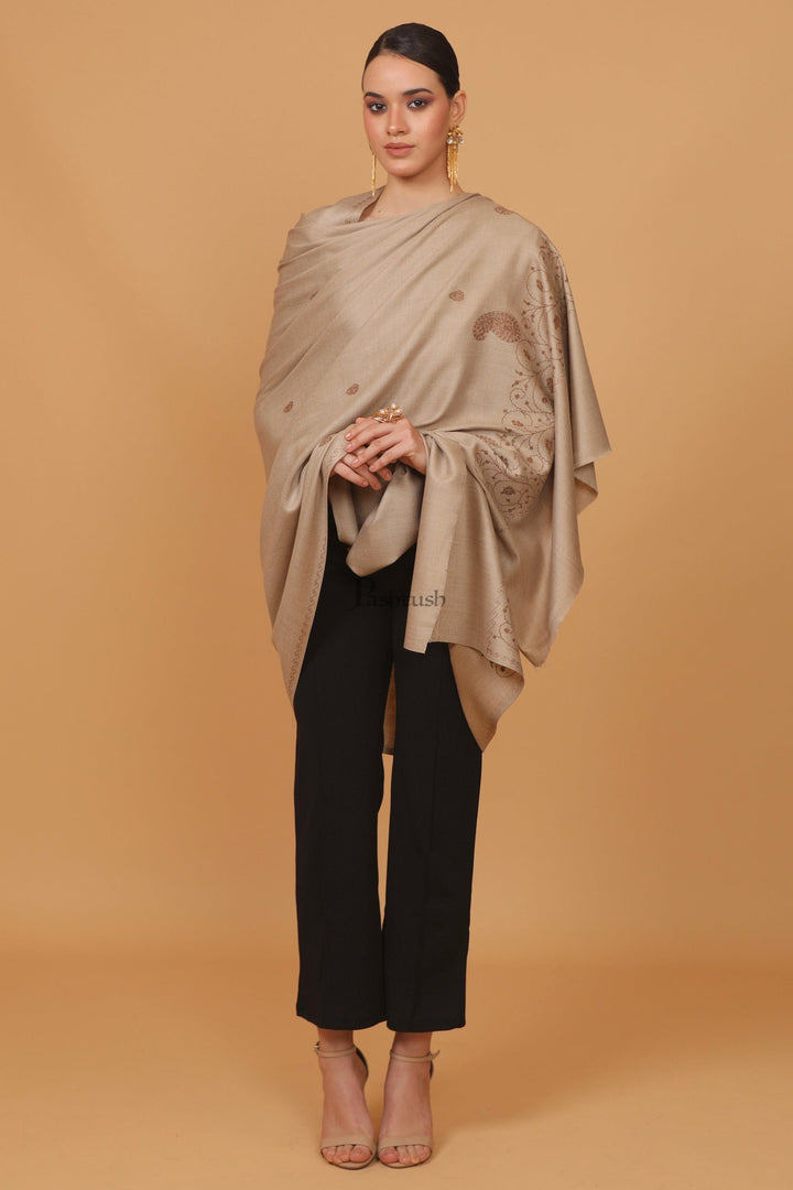 Pashtush India Womens Stoles and Scarves Scarf Pashtush womens Fine Wool shawl, tone and tone embroidery palla design, Beige