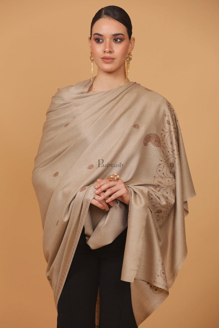 Pashtush India Womens Stoles and Scarves Scarf Pashtush womens Fine Wool shawl, tone and tone embroidery palla design, Beige