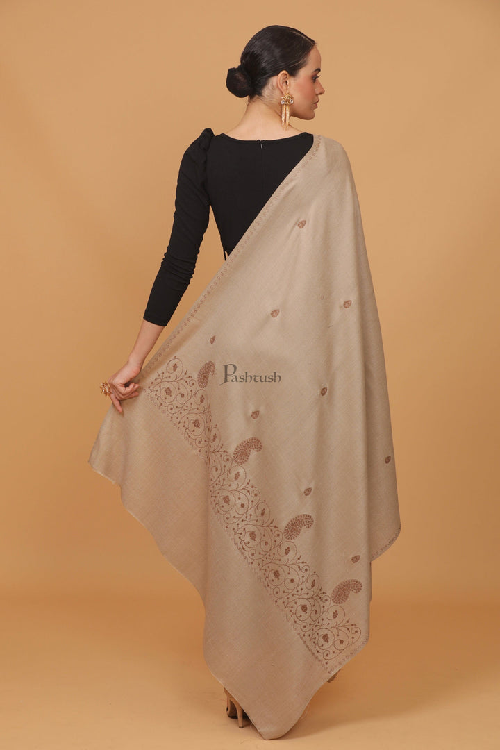 Pashtush India Womens Stoles and Scarves Scarf Pashtush womens Fine Wool shawl, tone and tone embroidery palla design, Beige