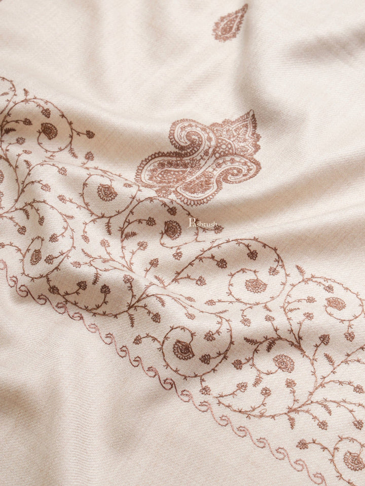 Pashtush India Womens Stoles and Scarves Scarf Pashtush womens Fine Wool shawl, tone and tone palla embroidery paisley design, Beige