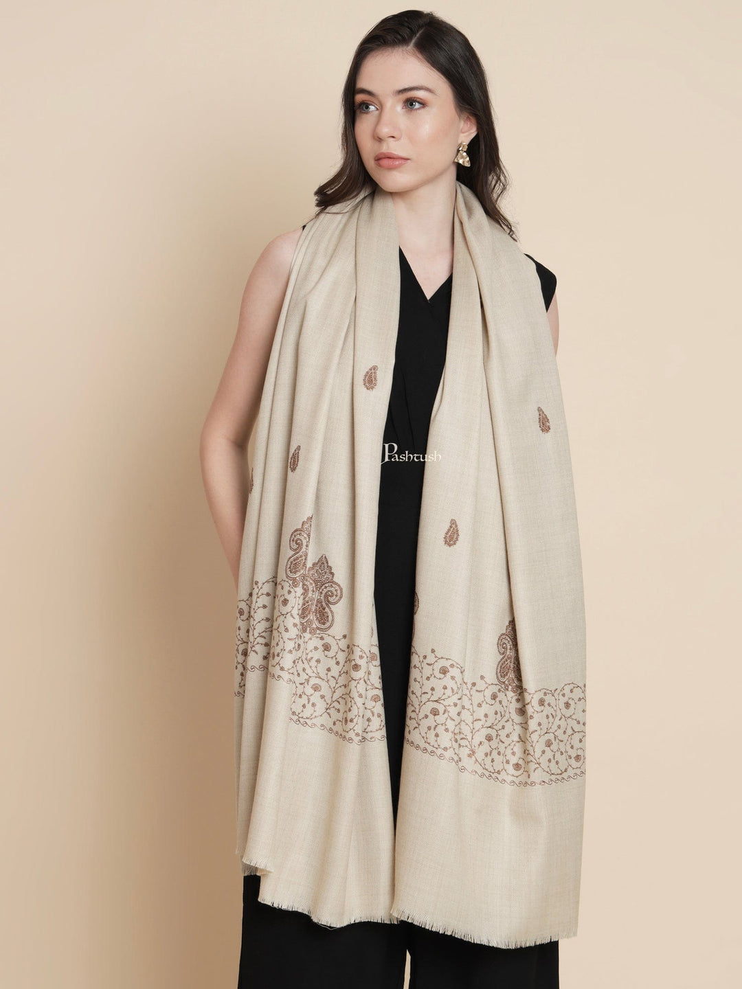 Pashtush India Womens Stoles and Scarves Scarf Pashtush womens Fine Wool shawl, tone and tone palla embroidery paisley design, Beige