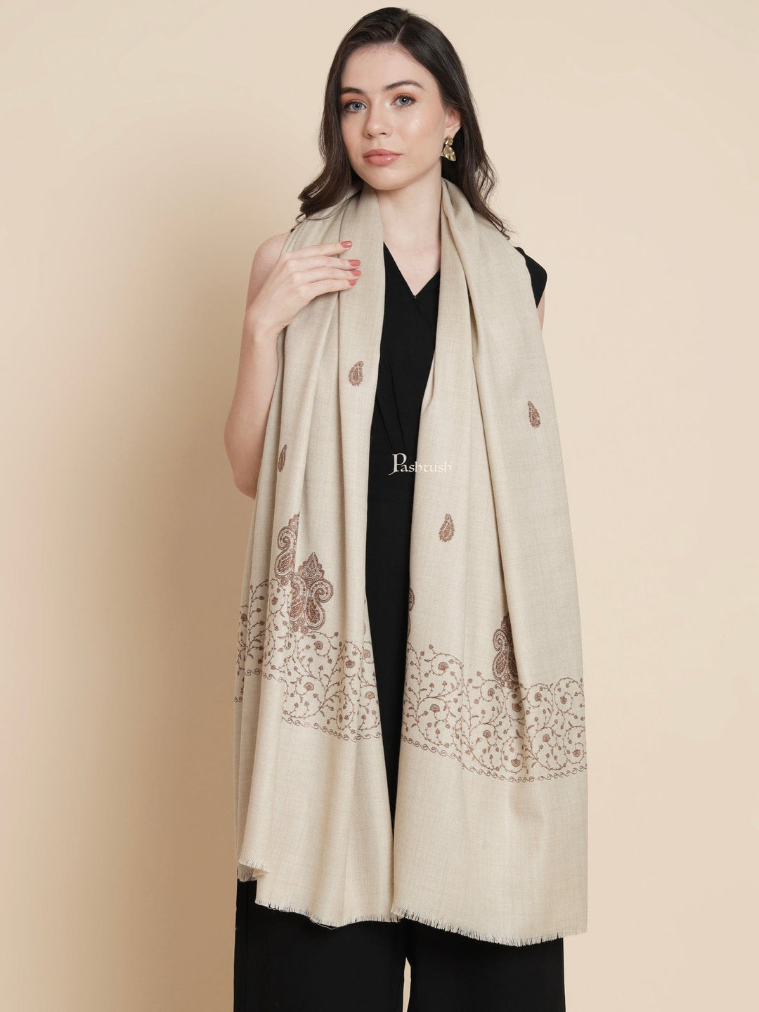 Pashtush India Womens Stoles and Scarves Scarf Pashtush womens Fine Wool shawl, tone and tone palla embroidery paisley design, Beige