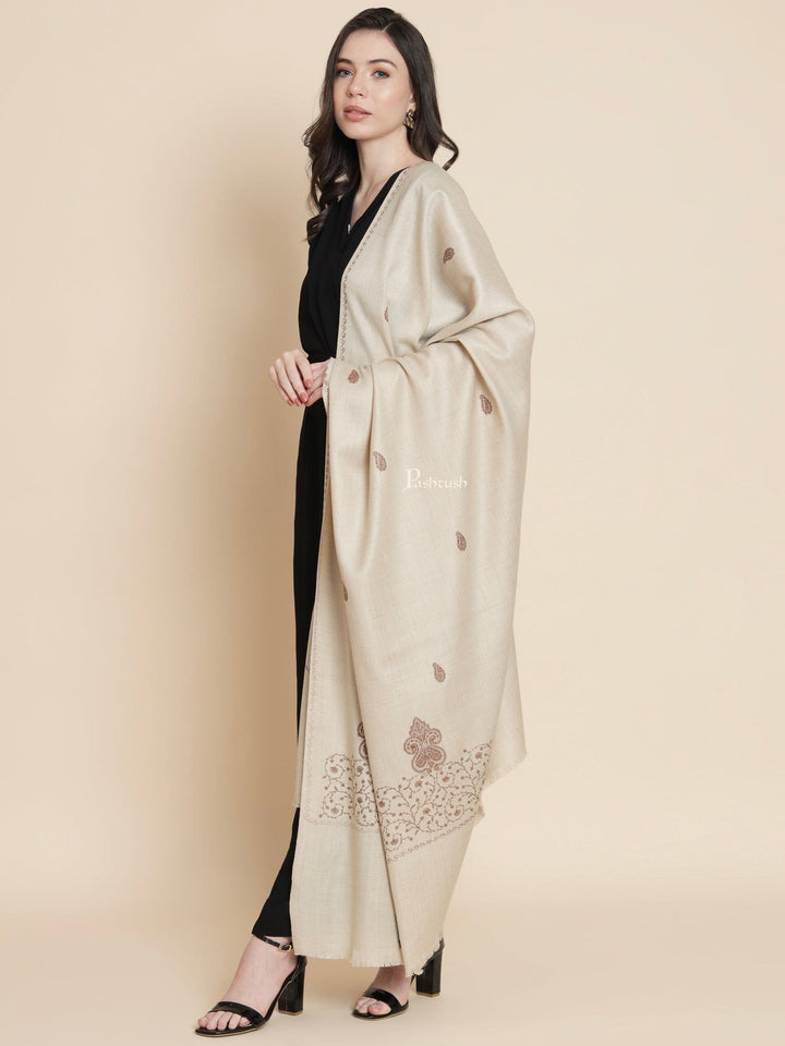 Pashtush India Womens Stoles and Scarves Scarf Pashtush womens Fine Wool shawl, tone and tone palla embroidery paisley design, Beige