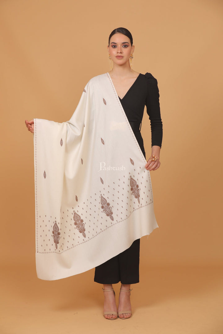 Pashtush India Womens Stoles and Scarves Scarf Pashtush womens Fine Wool shawl, tone and tone palla embroidery paisley design, Ivory
