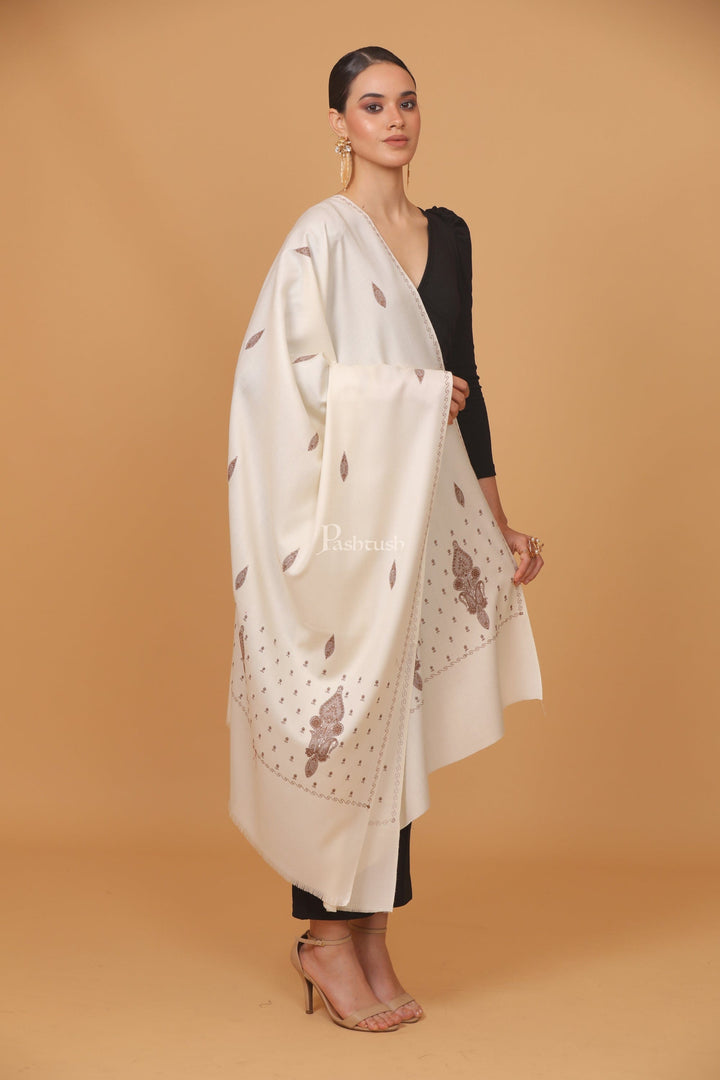 Pashtush India Womens Stoles and Scarves Scarf Pashtush womens Fine Wool shawl, tone and tone palla embroidery paisley design, Ivory