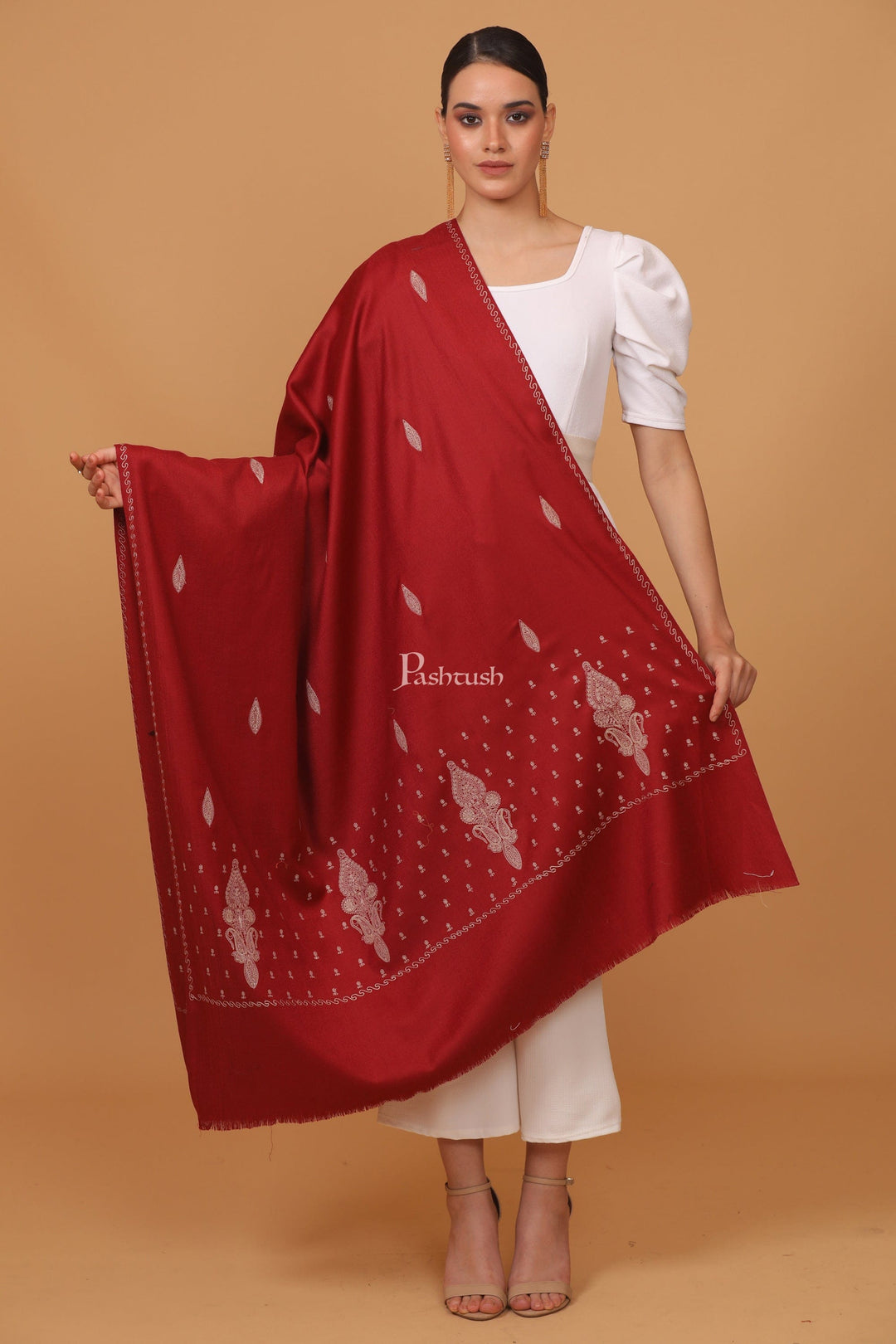 Pashtush India Womens Stoles and Scarves Scarf Pashtush womens Fine Wool shawl, tone and tone palla embroidery paisley design, Maroon