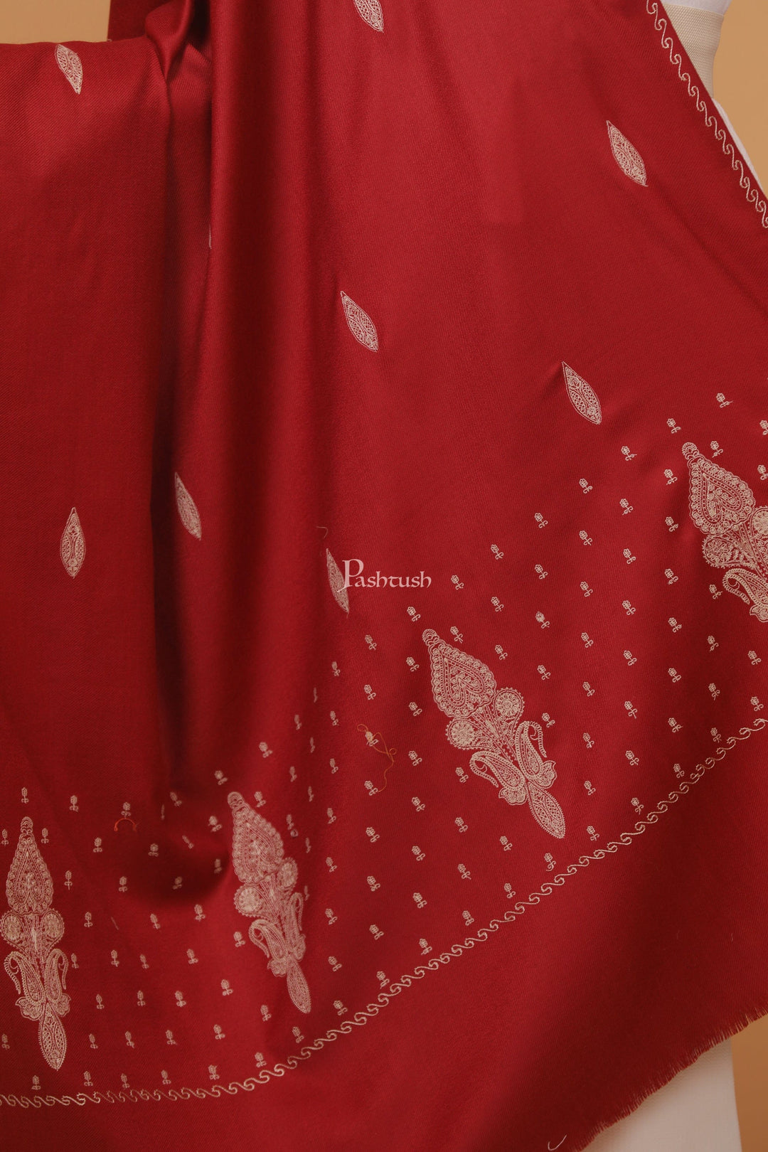 Pashtush India Womens Stoles and Scarves Scarf Pashtush womens Fine Wool shawl, tone and tone palla embroidery paisley design, Maroon