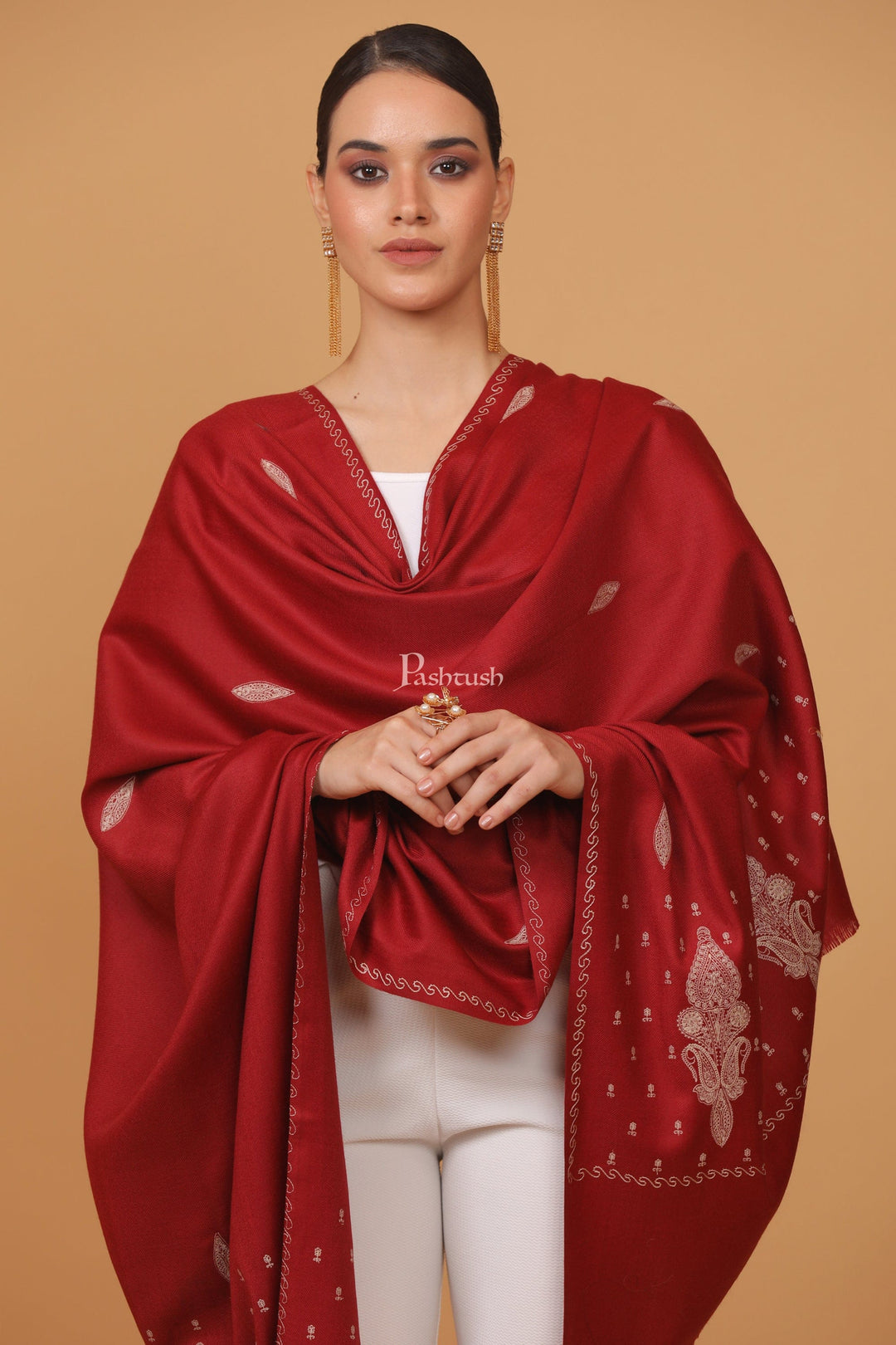 Pashtush India Womens Stoles and Scarves Scarf Pashtush womens Fine Wool shawl, tone and tone palla embroidery paisley design, Maroon