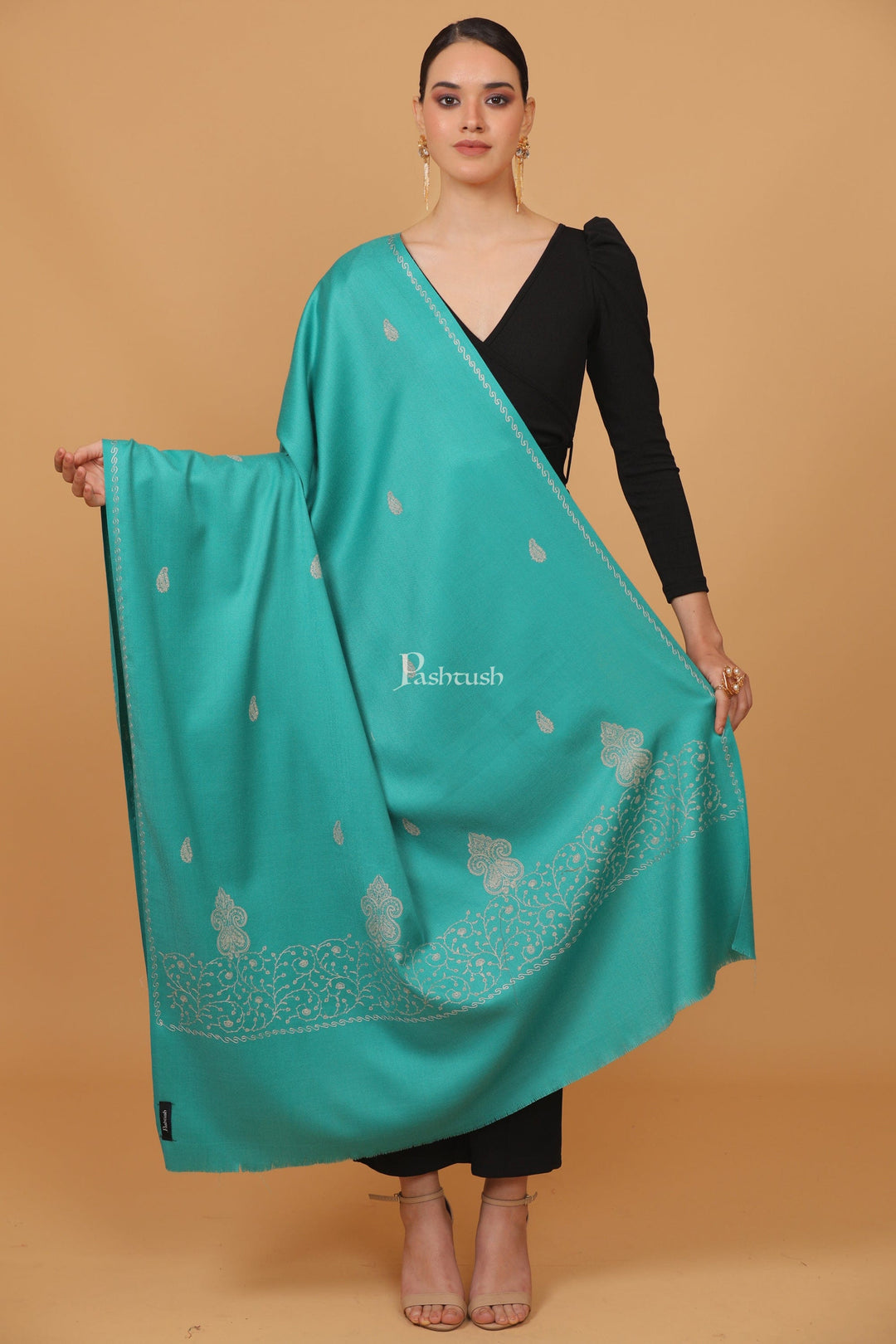 Pashtush India Womens Stoles and Scarves Scarf Pashtush womens Fine Wool shawl, tone and tone palla embroidery paisley design, Seagreen