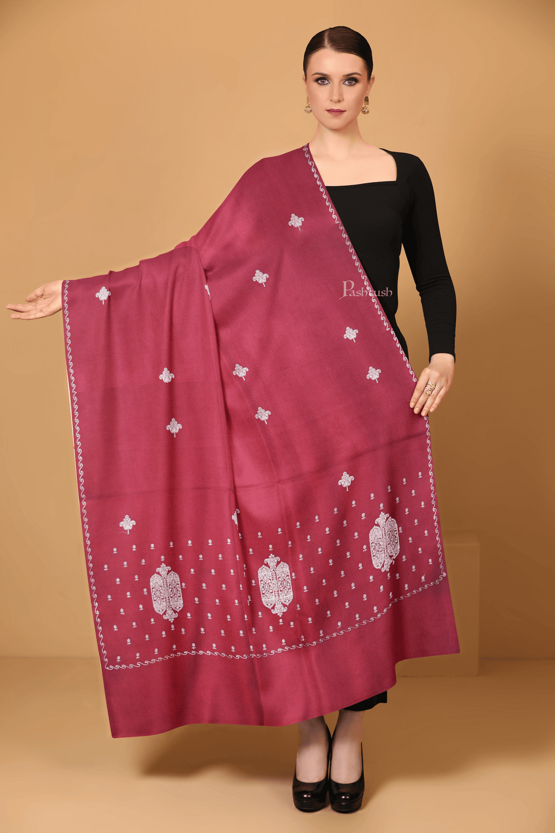 Pashtush India Womens Stoles and Scarves Scarf Pashtush Womens  Fine Wool Shawl ,Tone on Tone Embroidery Design , Maroon