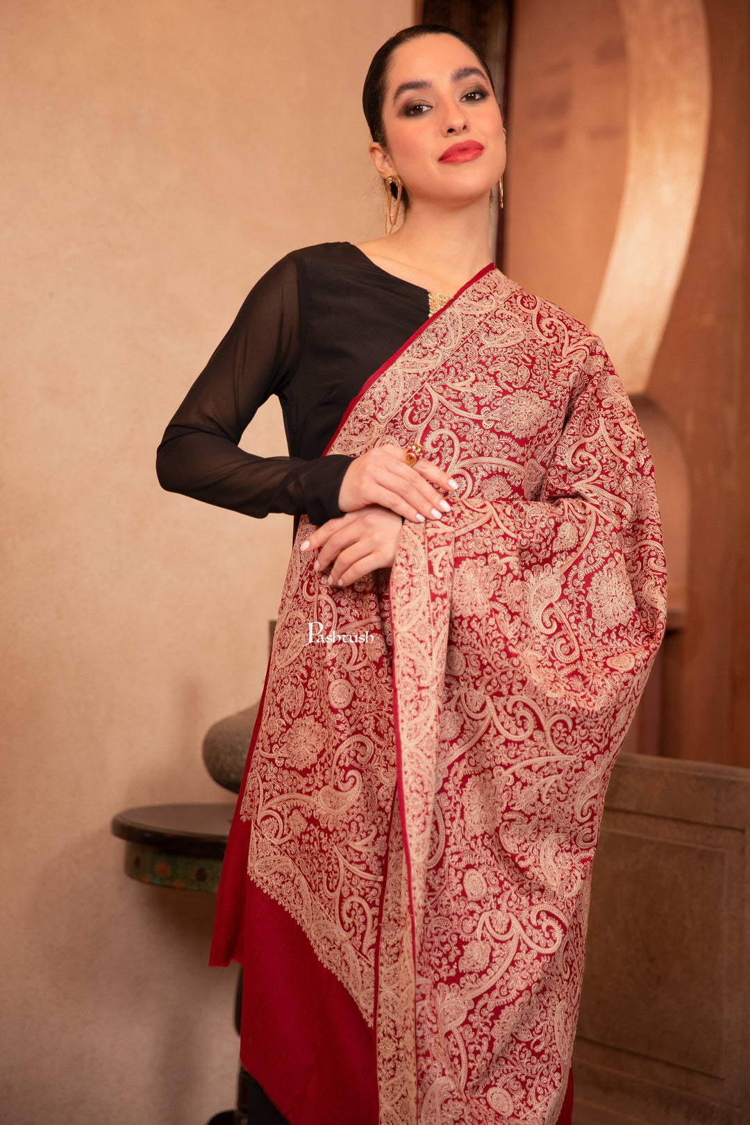 Pashtush India Womens Shawls Pashtush Womens Fine Wool Shawl, Tone On Tone Heavy Jaal Embroidery Design, Maroon