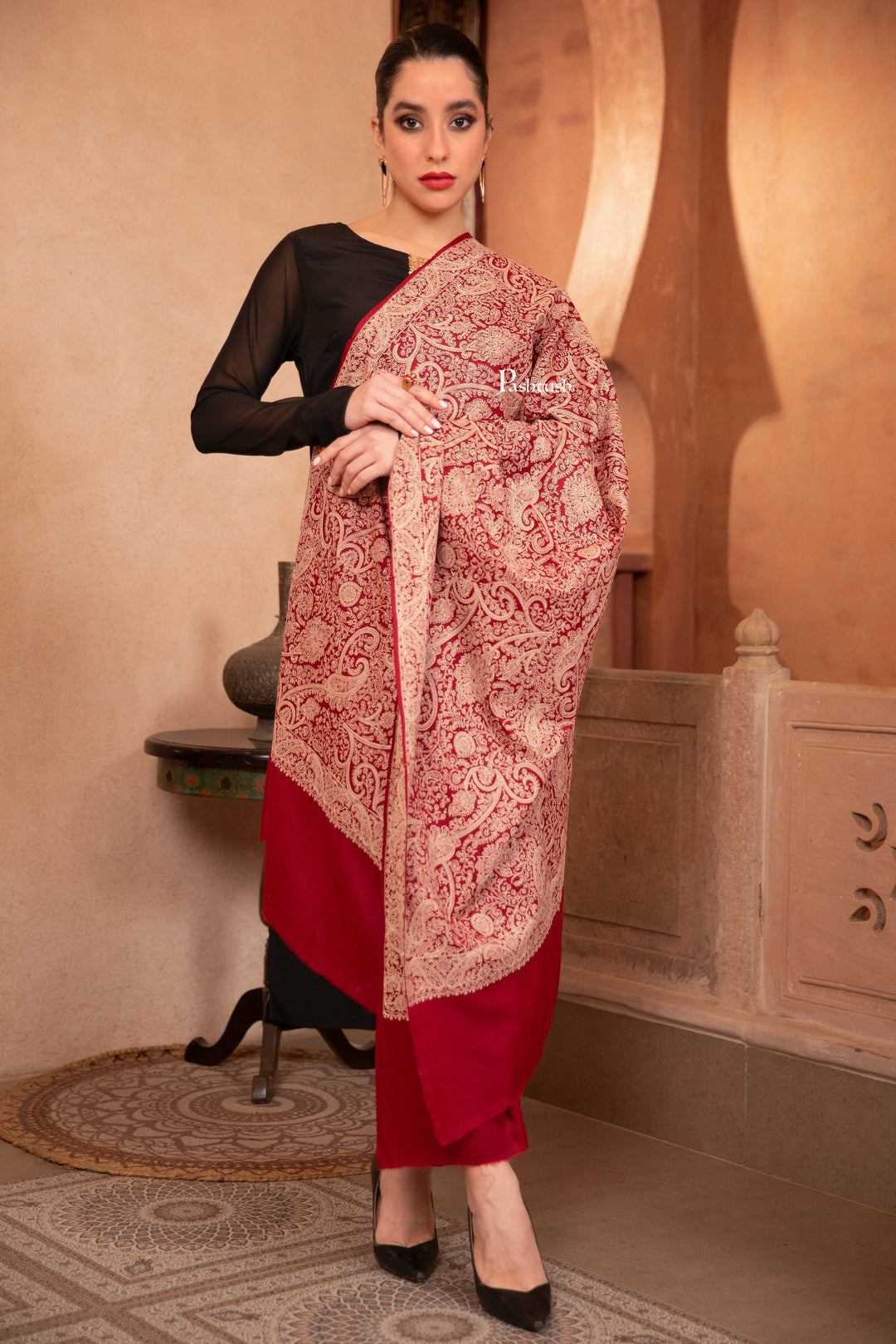 Pashtush India Womens Shawls Pashtush Womens Fine Wool Shawl, Tone On Tone Heavy Jaal Embroidery Design, Maroon